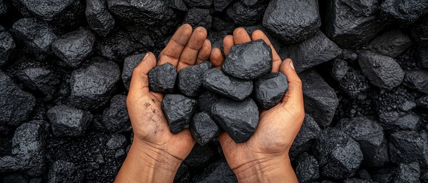 Hands of an old coal miner holding black rocks, showcasing the years of hard work and dedication to coal mining in a dark environment