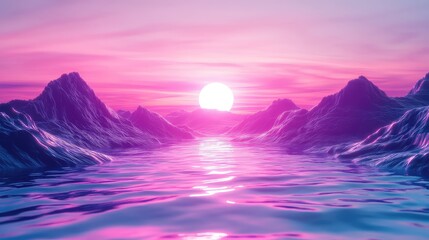Digital landscape depicting a surreal sunset casting colorful reflections across a calm body of water, flanked by impressive stylized mountains under a glowing gradient sky