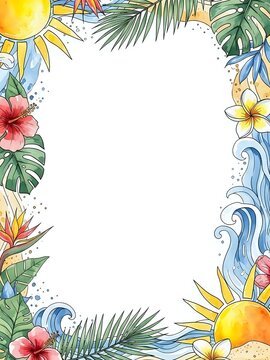 Tropical summer frame with palm leaves, hibiscus flowers, sun and ocean waves on white background for vacation designs and beach themed projects.