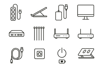 Fototapeta premium Strip healthy workspace laptop bundle icons icon compact port cable vector arm