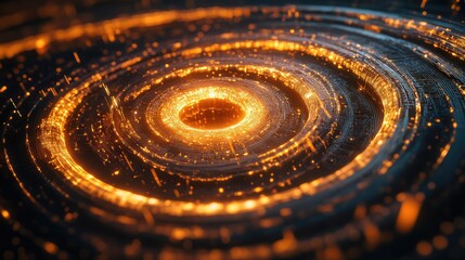 Swirling circuit board vortex emitting bright orange light, visualizing high speed data flow, global network connectivity, and futuristic digital communication and innovation