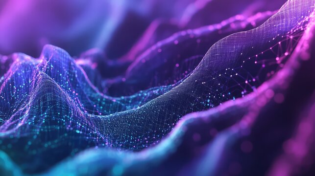 Abstract technology background displaying interconnected lines and glowing dots creating a dynamic digital landscape, representing concepts of data flow, artificial intelligence, and global networks - Powered by Adobe