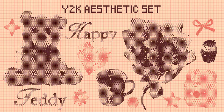 Y2K Aesthetic Monochrome Pixel Love Vecter Set with Teddy Bear, Flower Bouquet, Instant Camera, Cupcake, and Cup