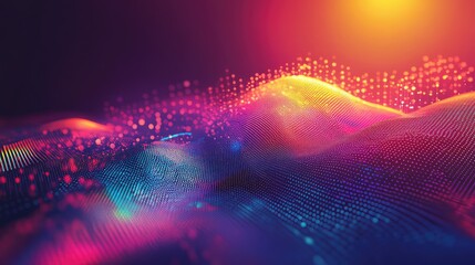 Flowing particle waves form a vibrant, glowing digital background suggesting sound, data networks, neural ai connections, futuristic technology, motion, and information flow