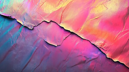 Vibrant holographic foil texture creating a diagonal torn break, showcasing shining spectrum colors and crumpled abstract details, perfect for modern design elements