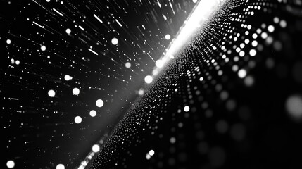 Abstract digital particles forming an expanding data stream and a grid surface, representing technology, communication, and connectivity in a dark, dynamic environment