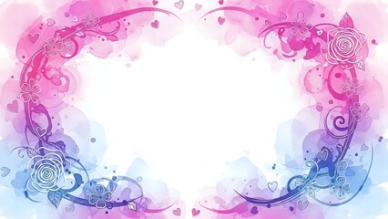 Obraz premium Watercolor frame with pink and purple gradient swirls, decorative flourishes and white center space for text or design elements.