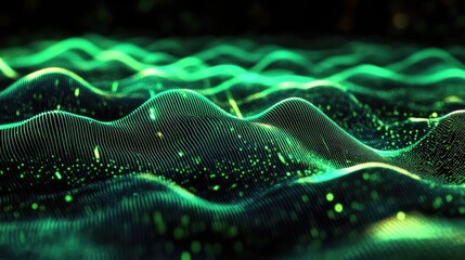 Wavy surface formed by glowing green particles and lines, representing concepts of data flow, technology, ai, communication, and digital information processing