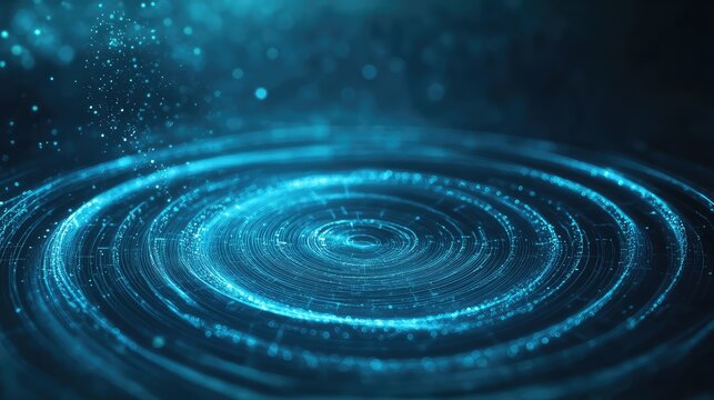 Blue concentric rings of glowing particles and light trails forming a dynamic tech network, visualizing data flow, connectivity, and futuristic information movement in a digital space - Powered by Adobe