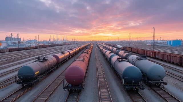 Sunset Over Freight Train Station with Rows of Railway Cars on Tracks in an Industrial Landscape  4k video footage