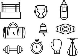 Comprehensive collection of boxing and fitness equipment icons, perfect for representing sports training, combat activities, and gym workout essentials in a sleek line art style