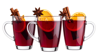 Festive Mulled Wine Mugs with Citrus and Spices, isolated on a transparent background