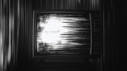 Retro crt television displaying digital distortion and corrupted signal noise with bright horizontal lines, creating an abstract, unsettling monochrome visual effect