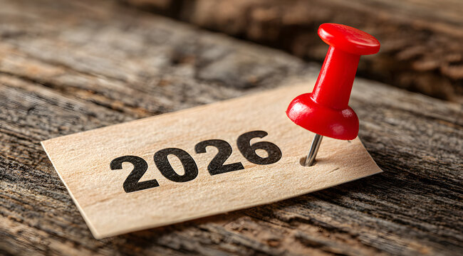 Escritorio de madera con una hoja de papel y una chincheta roja que marca el a&ntilde;o 2026, representando nuevos comienzos y metas futuras