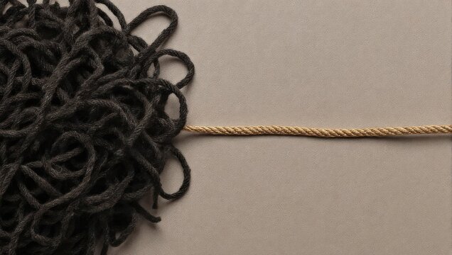 Tangled dark rope connected to a straight light rope, symbolizing challenges and solutions.