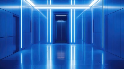 Empty modern building interior featuring an elevator entrance in a hallway illuminated by vibrant blue neon light stripes, creating a technological and contemporary atmosphere