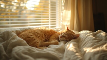 Ginger cat basking in sunlight on a cozy blanket.