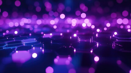 Abstract technology illustration showing network connections across a dark surface with glowing purple and blue hexagonal patterns and defocused light particles