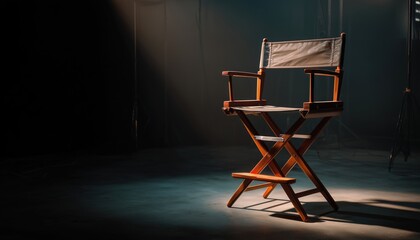 Backstage Shot Of Director'S Chair In A Movie Studio Depicts The Iconic Seat Where The Director Determines The Vision Of The Film Production.