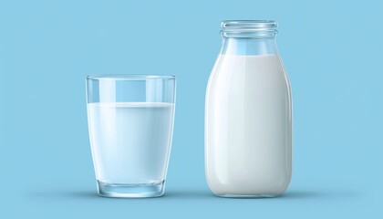 Glass Of Water And Milk Bottle: Symbols Of Beverage Consumption In Beverage Mug Or Juice Cup