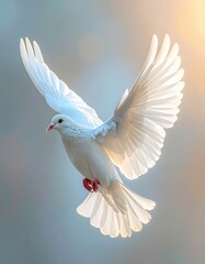 Obraz premium A graceful white dove in flight, showcasing its elegant wings and vibrant plumage against a soft, ethereal background.