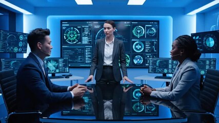 Professionals in modern control room, analyzing cybersecurity data - Powered by Adobe