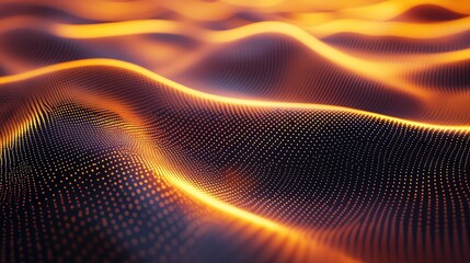 Illuminated particles creating a fluid, three dimensional wave pattern, visualizing data flow, emerging technologies, and interconnected digital systems with dynamic energy