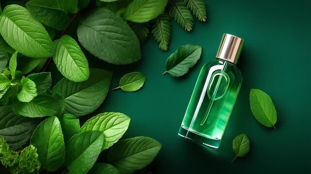 Eco-friendly aviation fuel derived from fresh leaves on green background, sustainable biofuel concept, natural renewable source, environmental aerospace innovation, botanical energ