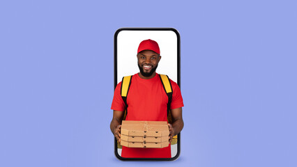 A cheerful delivery person holds pizza boxes while emerging from a smartphone screen. The bright and colorful setting highlights the joy of food delivery in a modern way.