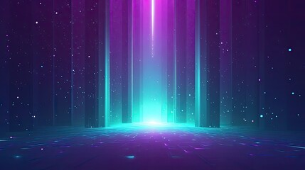 Abstract technology background presenting a vibrant digital portal or data tunnel with glowing neon light. Vertical pillars. And floating particles. Symbolizing concepts of ai. Future. And cyberspace