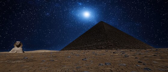 Majestic Great Pyramid of Giza illuminated by moonlight with the Sphinx in view under a starry night sky