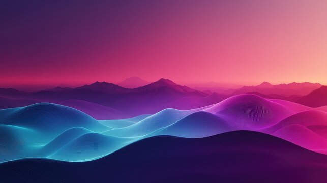 Glowing undulating lines form abstract waveforms across a vibrant gradient sunset, blending cool blues to magenta over distant mountain silhouettes in a futuristic digital landscape - Powered by Adobe
