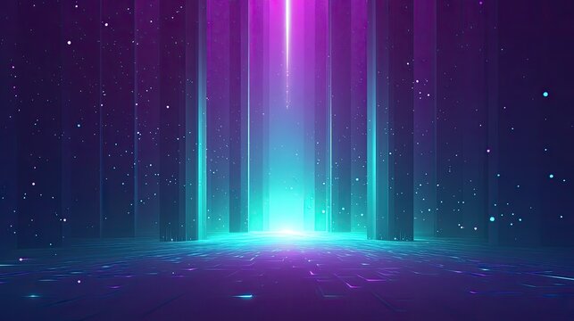 Abstract technology background presenting a vibrant digital portal or data tunnel with glowing neon light. Vertical pillars. And floating particles. Symbolizing concepts of ai. Future. And cyberspace