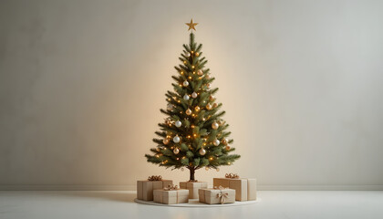 Centered Christmas Tree with Wrapped Presents on Beige Background Creating Clean Holiday Copy Space