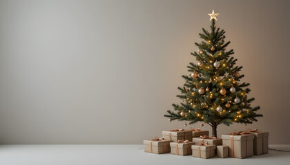 Minimal Christmas Tree with Wrapped Gifts on Soft Neutral Background for Holiday Mockups and Festive Designs