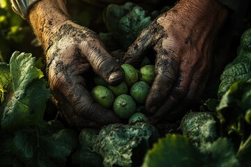 Hands Holding Freshly Harvested Green Vegetables in Garden.