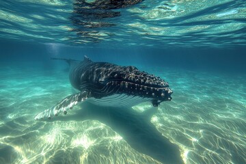 Humpback whale swimming gracefully in clear turquoise ocean waters.