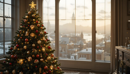 Christmas Tree Near Window with Soft Natural Light and City View Creating Calm Festive Holiday Mood
