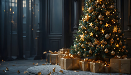 Classic Christmas Interior with Decorated Tree, Wrapped Gifts, and Warm Lighting Creating Festive Holiday Scene