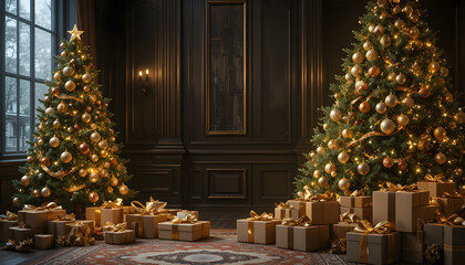 Luxury Christmas Tree with Wrapped Gifts in Elegant Dark Interior Creating Warm Festive Holiday Ambience
