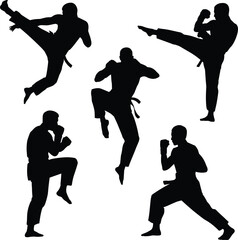 Silhouettes of Five Martial Artists in Dynamic Poses Depicting Kicks, Jumps, and Defensive Stances in Uniforms