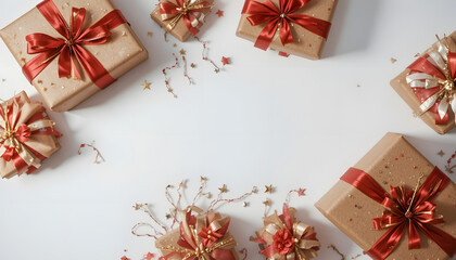 Christmas Gift Boxes with Red Bows and Decorative Elements Creating Elegant Holiday Background with Copy Space