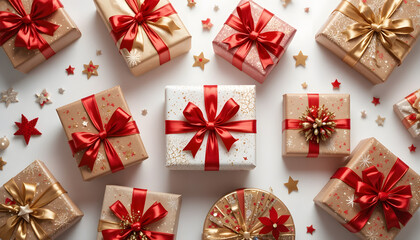Flat Lay Christmas Gift Boxes with Red Ribbons and Decorations on Clean White Background