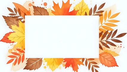 Autumn leaves frame with blank white card for seasonal messages, thanksgiving invitations, fall decorations and holiday greetings on light background.
