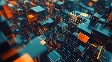 Digital network architecture abstractly processing data blocks and information flow, showing interconnected translucent cubes with glowing lines representing advanced technology and virtual systems
