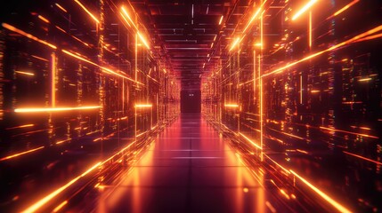 Abstract visualizing big data flowing fast through a glowing information corridor, representing modern technology and communication in a digital information highway