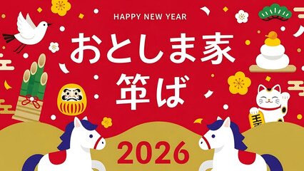 Japanese New Year 2026 Vector Illustration Set – Year of the Horse, Traditional Decorations, Greeting Cards and Seasonal Elements