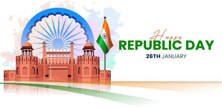 Republic Day of India Banner with Red Fort, Ashoka Chakra and Indian Tricolor Flag Background