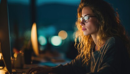 Stylish Young Woman Working In Coworking Office At Night: Using Modern Desktop Computer With Blurred Background And Film Effect.