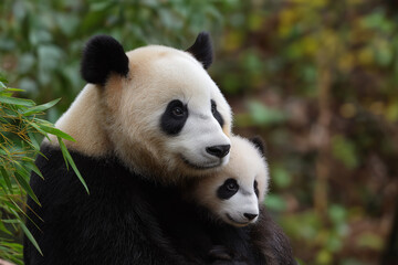 Naklejka premium This touching image captures a mother panda and her adorable cub nestled closely together in a lush green environment, showcasing their bond and innocence effectively.